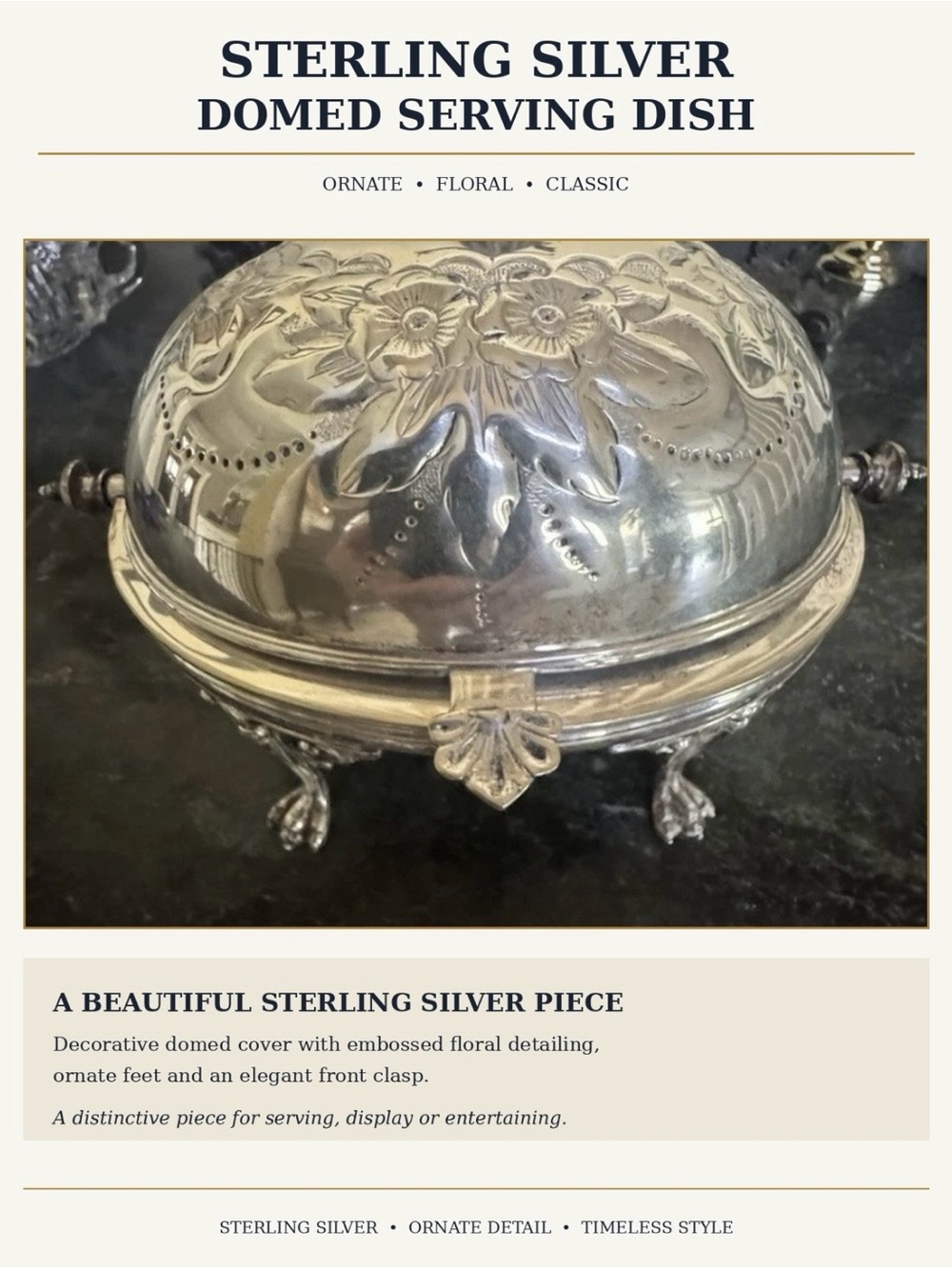 Sterling Silver Domed Serving Dish - Silver. Missing glass.